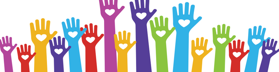 Graphic of multi-colored hands reaching up with hearts in the middle of the palms
